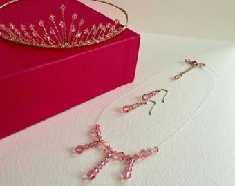 Rose Pink Crystal Bundle.Tiara ,Necklace and Earrings.Swarovski.