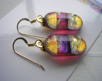 Orange, Red-Violet, and Gold Earrings, Dichroic Glass, 14 GF Earwires, Dangle Earrings, Fused Glass Jewelry, Drop Earrings, Home Crafted
