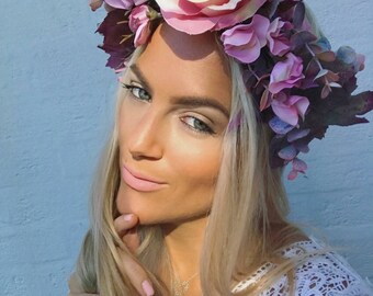 Pink Sweet Pea Wild Flower Eucalyptus Crown Hair Head Band
