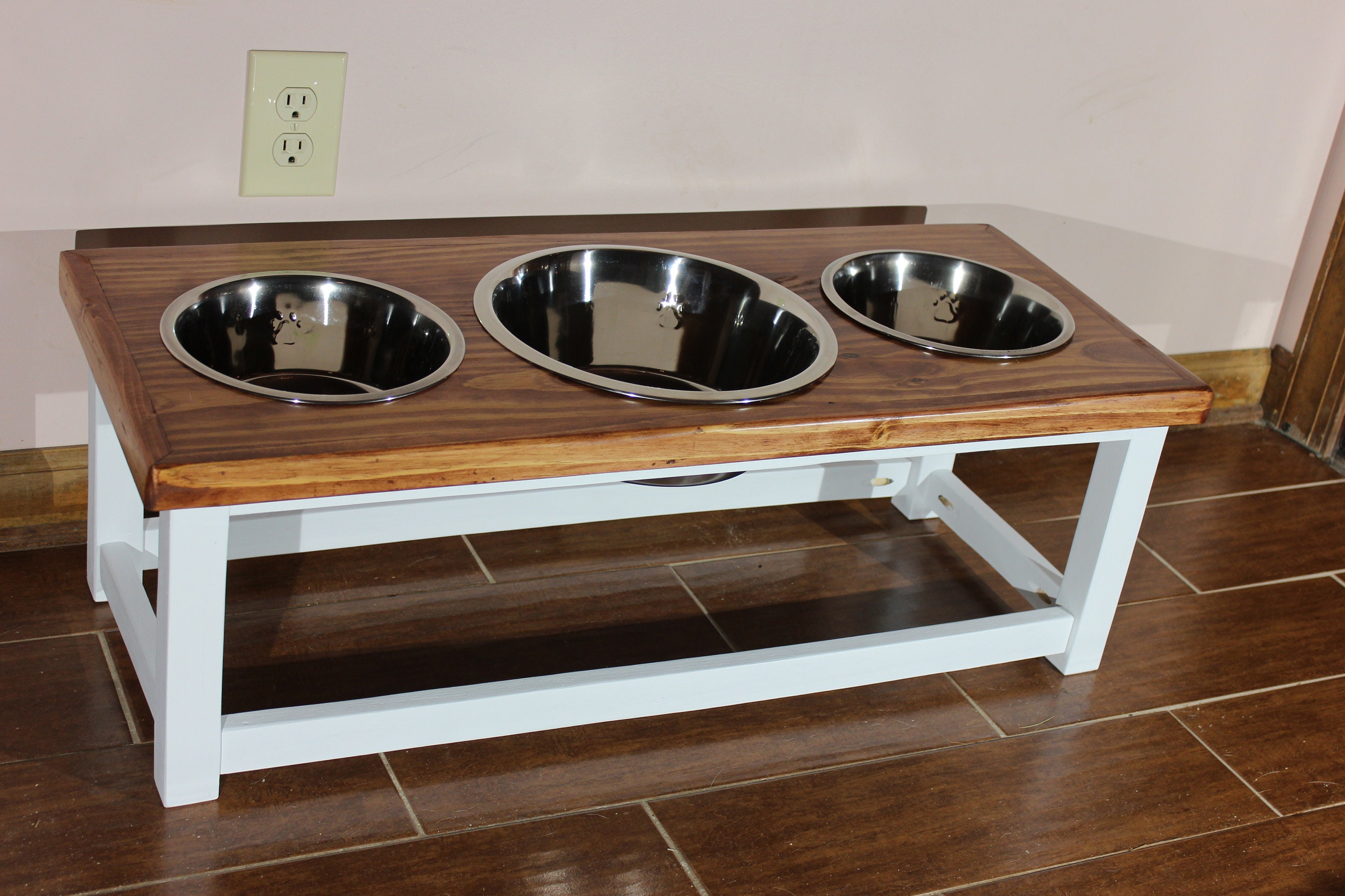 Farmhouse style elevated dog feeder with 3 bowls. Large size