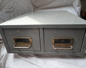 Vintage Two Drawer Gray Metal File Box Storage Container Cabinet Holder