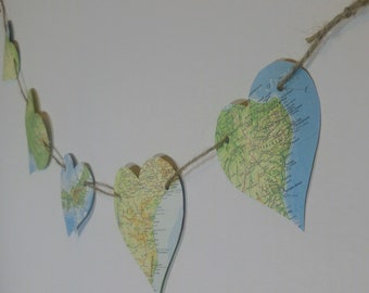 Map Paper Bunting | Mixed Heart Bunting l Vintage Map Garland | Travel Theme Decor | Housewarming | Party Decoration l Shabby Chic