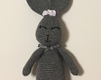 13 1/2 inch Gray Bunny Rabbit - Gray Amigurimi Crochet Rabbit - Handmade Gray Bunny - Stuffed Bunny Rabbit