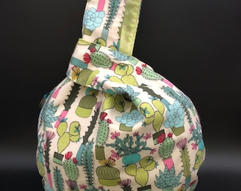 FREE SHIPPING Ready to Ship: LARGE Knitting Bag Japanese knot bag Succulents Sock Knitting Yarn Bag Handmade Reversible Project Bag Gift