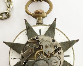 Antique STAR Steampunk NECKLACE made from Antique "FOUND" Objects -- One-of-a-Kind