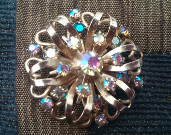 Lovely Vintage Silver Tone Aurora Borealis AB Rhinestone Brooch Pin - Shawl and Scarf Pin Brooch