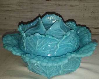 Vintage Portieux Vallerysthal Blue Milk Glass Cabbage Dish. A Beautiful Turquoise Dish. Has a Hairline. No other damage. 6 1/2" wide 4" tall