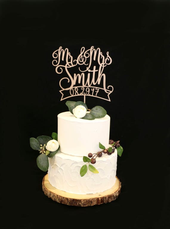 Custom Wood Rose Metallic Gold  Wedding  Cake  Topper  With Date