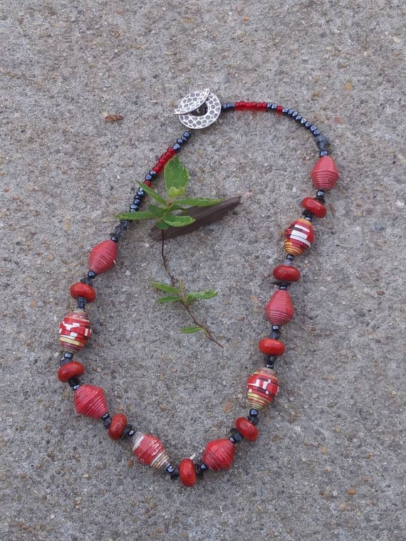 Red jasper and haitian paperbead necklace/ sterling silver