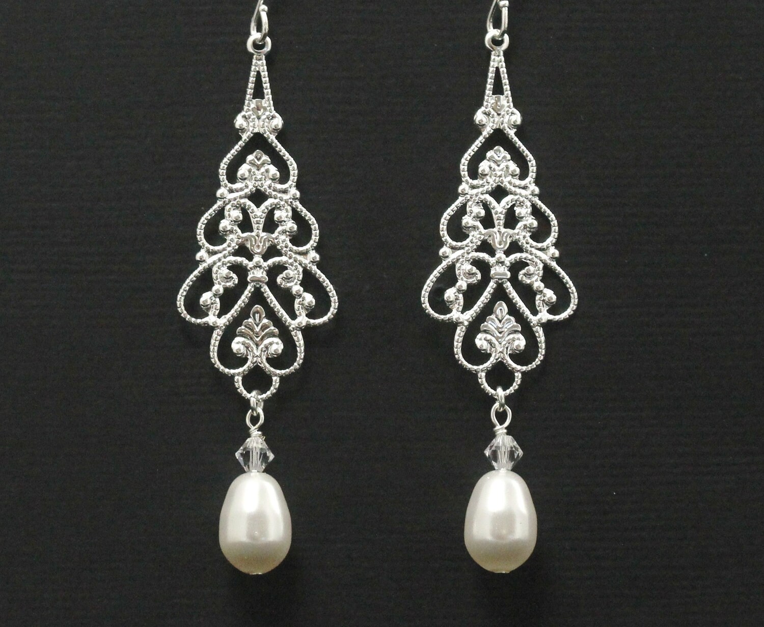 Long Chandelier Earrings Wedding Jewelry Silver Filligree Zoom