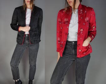Vtg Black & Raspberry Reversible Asian Jacket | 60s Satin Embroidered Jacket Floral | XS - Small |