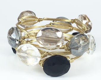 Black, Clear, Champagne, Grey Crystal Wire Wrapped Bangle - Wire Jewelry - Gift Under 20 - Gift For Her - Stacking - Courtney And Courtnie