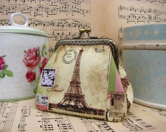 Vintage coin purse clutch with Eiffel tower and lady, kiss lock purse