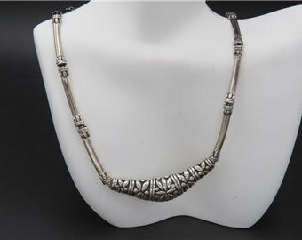 Signed B Fine 925 Sterling Silver Bali Ornate Bar Link Necklace Indonesia