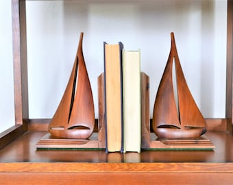 Wooden Sailboat Bookends | Teak Bookends | Mid Century Modern Sailboat Bookends | Nautical Decor | Maritime Decor | Teak Sailboat Bookend