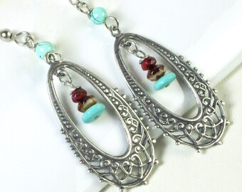 Silver Hoop Earrings - Boho Earrings, Filigree Earrings, Silver Earrings, Turquoise Earrings