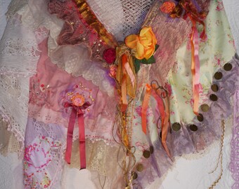 Shawl, shrug, "Peach temptation", misty pink, Beautiful bohemian, feminine, Art to wear, Unique