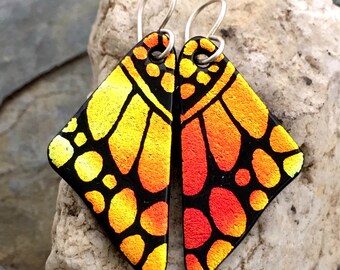 DICHROIC EARRINGS Butterfly Wings Autumn Orange Hand Etched Fused Glass with Sterling Silver Hooks