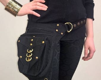 Cotton Leg Strap Utility Belt with Pockets -Black