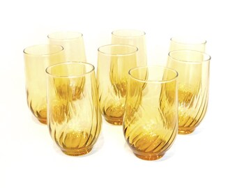 Set of 8 Amber Glass Tumblers, Vintage 14 oz. Water Glasses, Retro 1970's Kitchen, Amber Swirl Tumblers, Gold Glass Tumblers