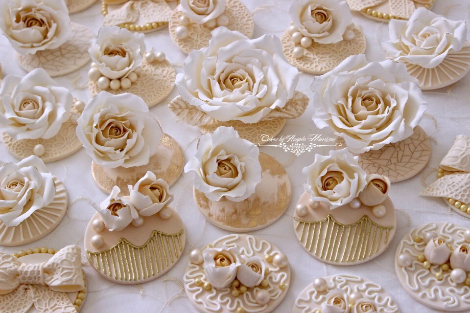 Ivory and gold wedding cupcake toppers