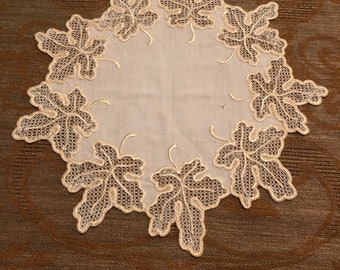 Linen Doily with Silk Embroidered Fig Leaves