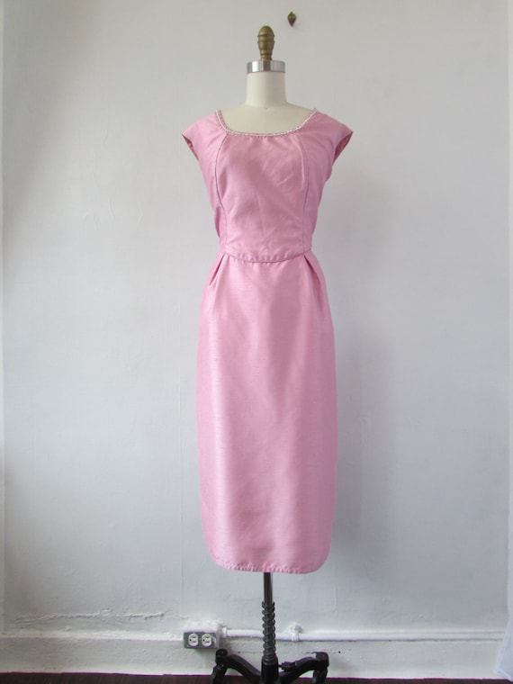 1960s silk dupioni sheath dress vintage 60s pink shealth