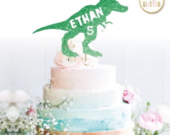 Dinosaur cake topper, dinosaur party birthday glitter cake topper, custom, personalised, jurassic name boys cake topper green blue an colour