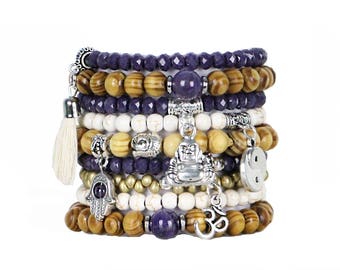 Beaded Bracelets Set of 9 Stretch Bracelets Bohemian Buddha Themed Stack with Silver Tone Charms and Tassel