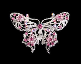 Crystal Butterfly Brooch Pin Silver Tone Pink