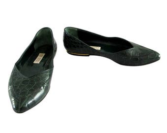 Vintage Gucci Ladies Green Alligator Flats Shoes