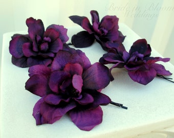 Wedding hair accessories Plum purple delphinium bobby pins set of 4 Bridal hair flowers
