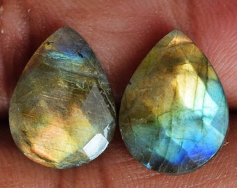 Natural Labradorite Flashy Gemstone, Pair, Loose Semi Precious, Pear Shape, Golden Blue Fire, Earring Jewellery Cabochon, Faceted Stone 9408