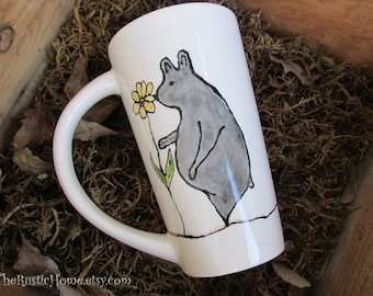 Bear lover tall ceramic pottery mug coffee mug latte sunflowers made to order 16 ounce mug tea black or brown bear