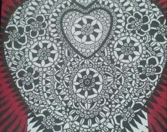 Black and White Triple with Red Border Heart Pen and Ink Drawing