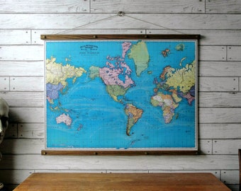 World Map 1897 / Vintage Pull Down School Map Chart Reproduction / Canvas Fabric Print / Oak Wood Hanger with Brass Hardware / Wall Hanging