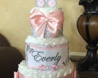 Girl diaper cake/Pink and Grey diaper cake/Carriage topper diaper cake/elegant Girl baby shower centerpiece