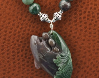 Fancy Agate Carved Shark .925 Silver Necklace