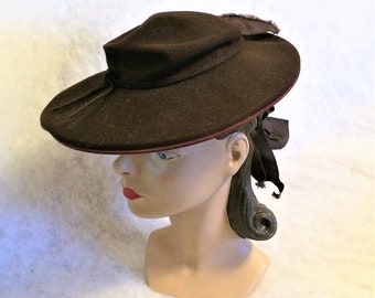 30s 40s Vintage Brown Felt Wide Brim Tilt Hat
