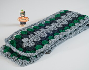 Granny Square Scarf, Granny Length, Heather, Hunter and Black Granny Square, Crochet Granny, Ready to Ship