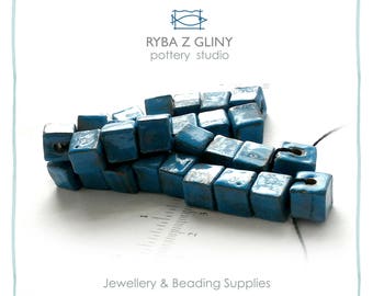 Ceramic Square Beads, 0.9-1.0 cm, Clay Bead, Jewelry Beads, Blue Beads, Pottery Beads, Nautical Beads, Handmade Beads, Glazes beads.