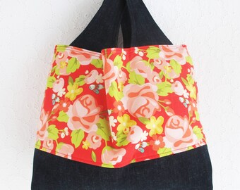 Floral Fabric and Denim Tote Bag | Medium handbag to use as a market tote grocery shopping bag, project tote, or storage bag.