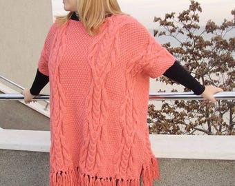 Women wool poncho coral color