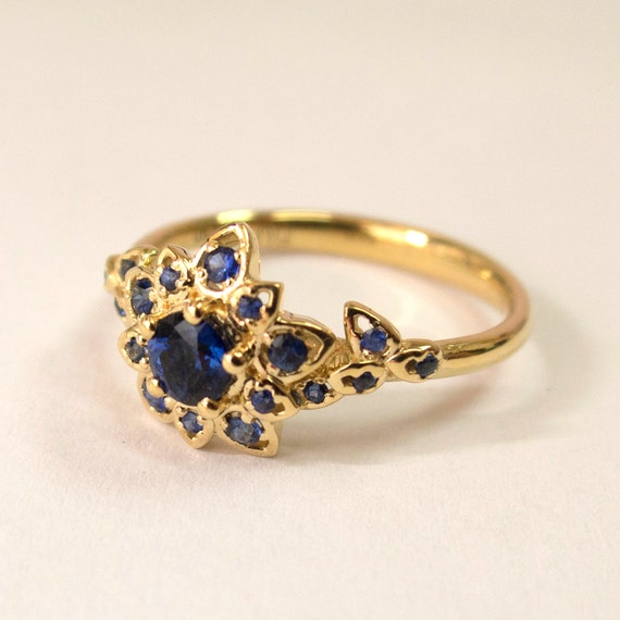 Blue Sapphire Petal Engagement Ring No.2B 14K Gold and