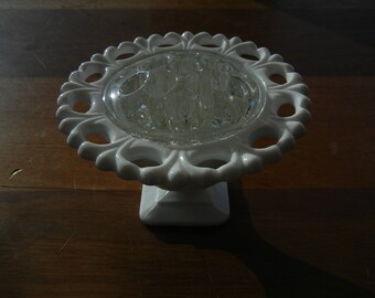 Milk Glass Compote with Flower Frog