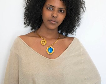 Gold Necklace, Turquoise Glass Stone, Statement Necklace, Open Necklace, Turquoise Necklace, Adjustable Necklace, Stylish Necklace.