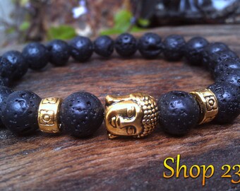 Gold Buddha Bracelet - Lava Stone Bracelet - Chakra - Mala - Healing Bracelet - Black Gemstone Bracelet - Meditation - Yoga - Positivity
