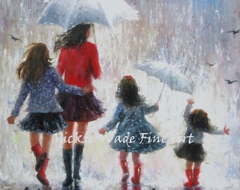 Mother and Three Daughters Art Print, three girls, mothers day gift, rain girls, mom, three sisters, rain paintings, Vickie Wade art