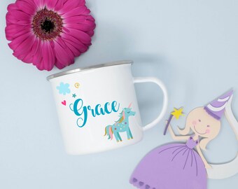 Personalised Pretty Unicorn Children's Enamel Mug, Personalised Mugs, Custom Children's Party Mugs and Supplies, Children's Drinking Mugs