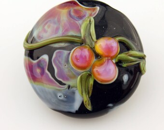 Lampwork Glass Bead, Floral Lentil Focal,Black, Pink, Green, Blue, Purple, SRA